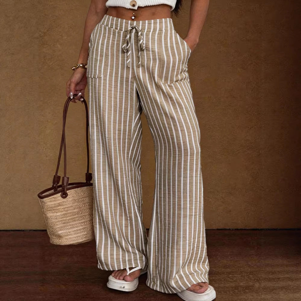 Striped Loose Commuter Casual Lace-up Elastic-waist Wide-leg Trousers NorixaFashion.com