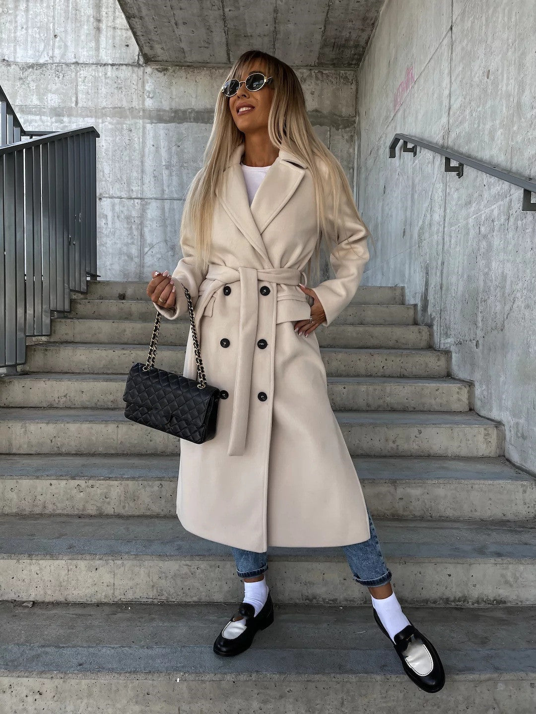 Double-breasted Lapel Split Jacket With Belt Winter Fashion Casual Long Sleeve Button Daily Coats For Women Clothing LadyShow.Store
