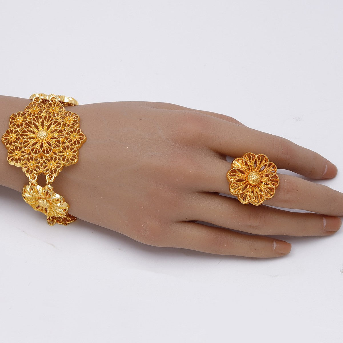 24K Gold Flower Necklace Earring Ring Bracelet Set LadyShow.Store