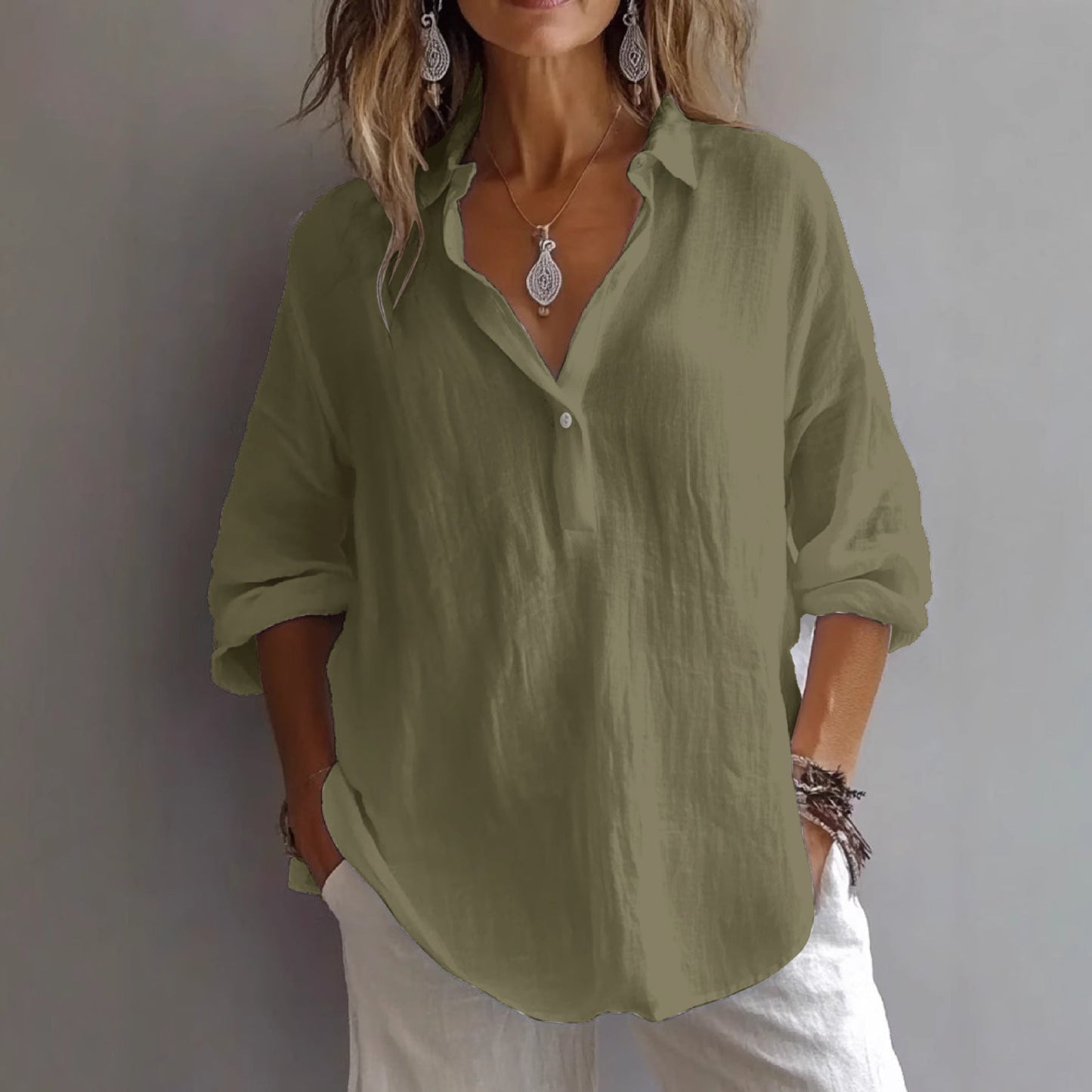 Fashion Long-sleeved Lapel Pullover Shirt Casual Loose Solid Color T-shirt Tops Women's Clothing NorixaFashion.com