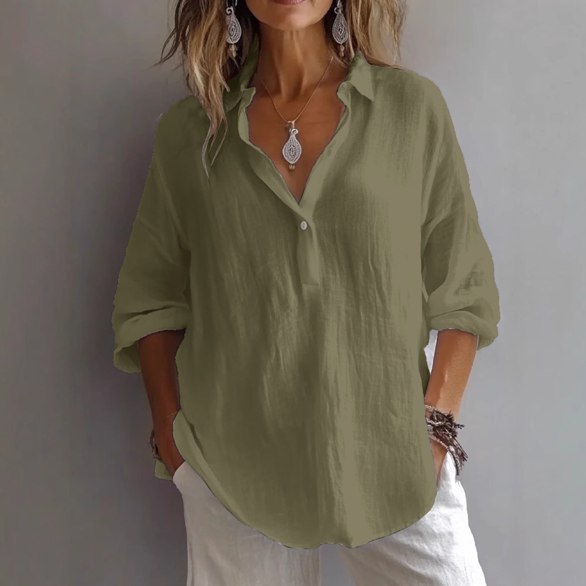 Fashion Long-sleeved Lapel Pullover Shirt Casual Loose Solid Color T-shirt Tops Women's Clothing NorixaFashion.com