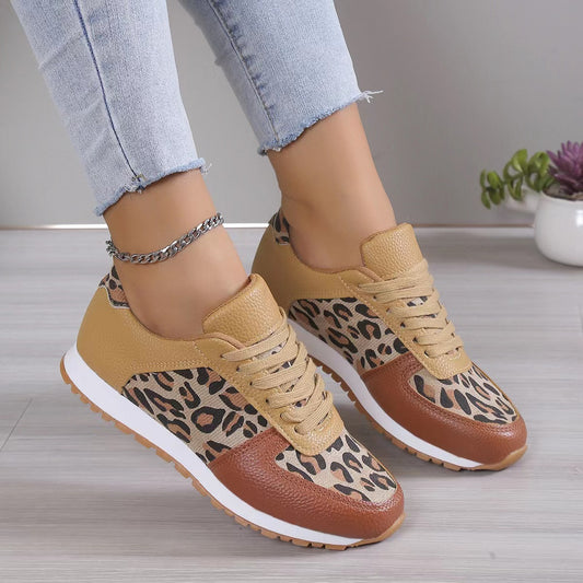 Women's Leopard Print Sneakers - Fashion Lace-Up PU Sports Shoes for Running/Walking (Non-Slip Rubber Sole, Breathable Mesh Lining)