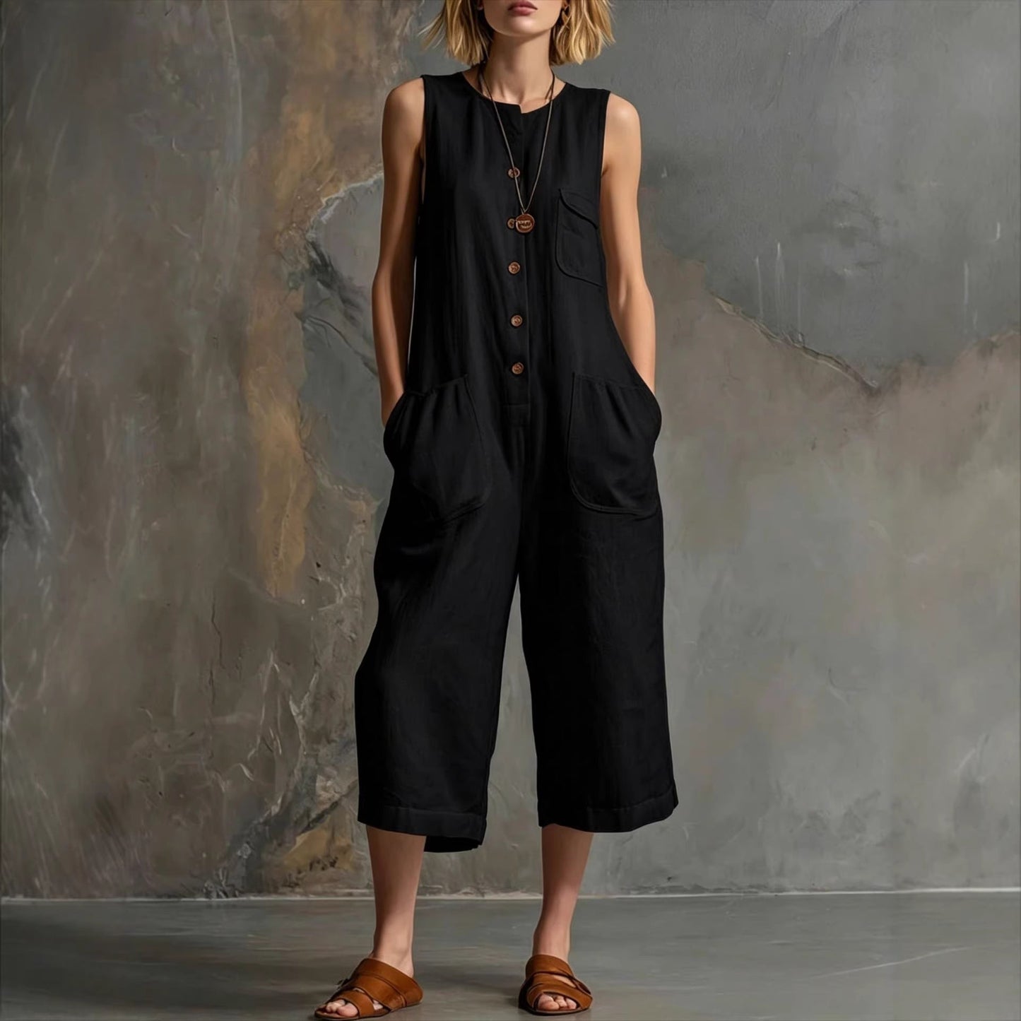 Retro Sleeveless Cotton-Linen Wide-Leg Cropped Jumpsuit LadyShow.Store