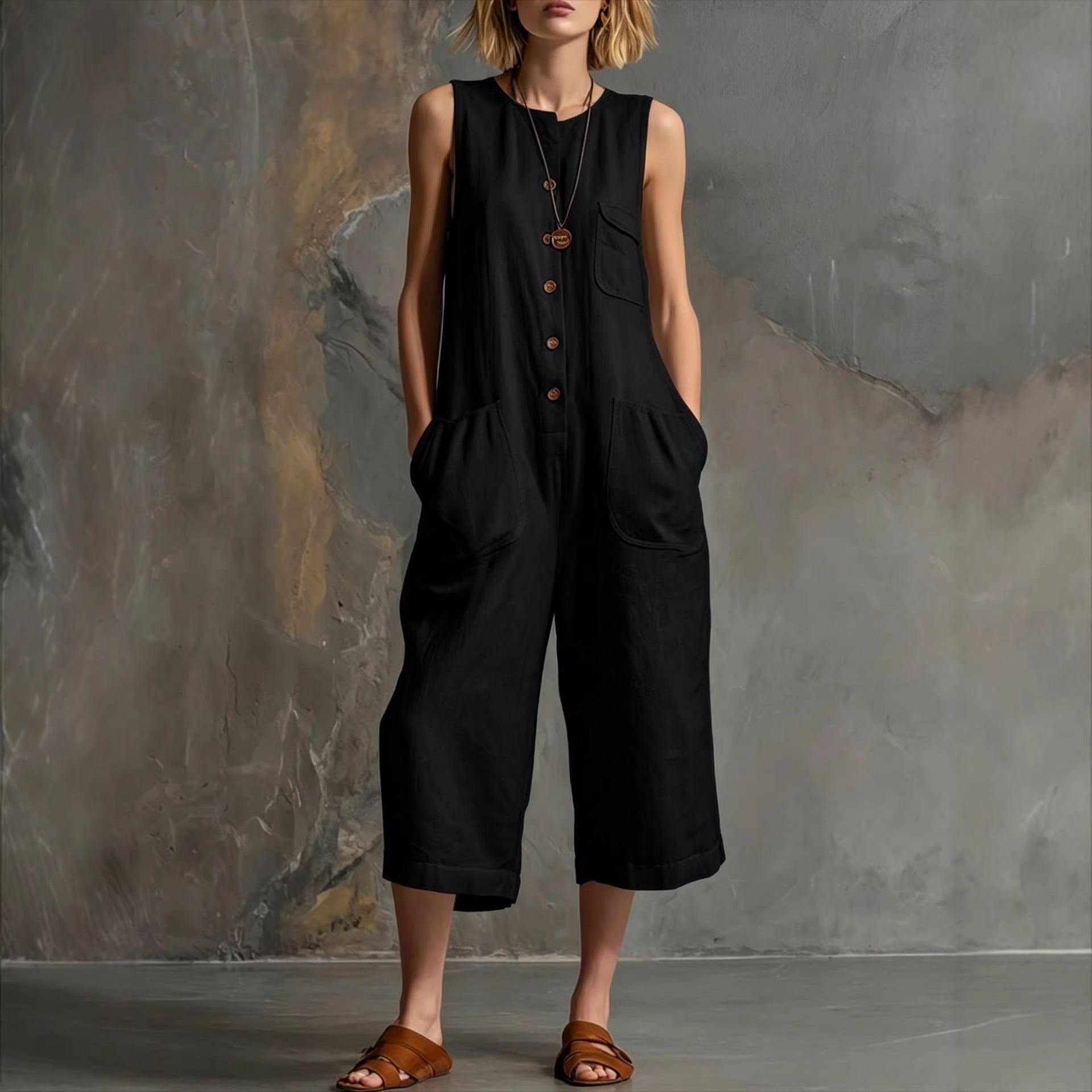 Retro Sleeveless Cotton-Linen Wide-Leg Cropped Jumpsuit LadyShow.Store
