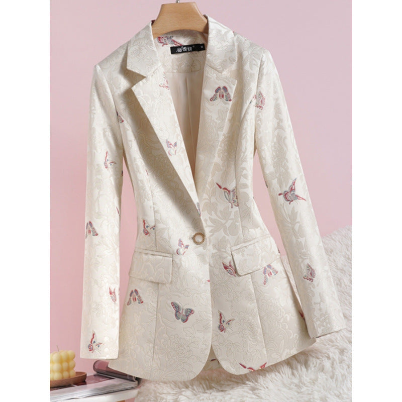Women's Apricot Waist-tight Design National Style Printed Suit Jacket NorixaFashion.com