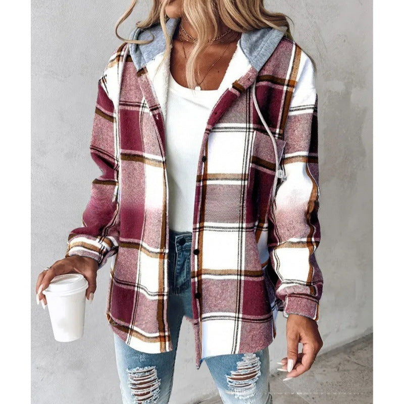 Plaid Hooded Jacket Fashion Casual Button Pocket Coat Autumn And Winter Women's Clothing LuxuryLifeWay Online Store