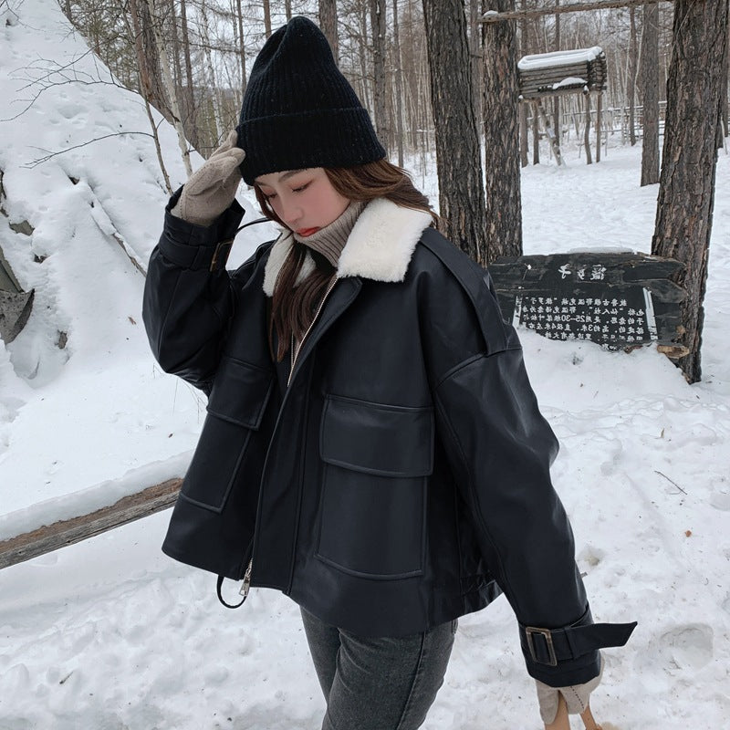 Light Brown Lapel Small Rabbit Fur Thick Loose Short Leather Jacket Best YouTube Store