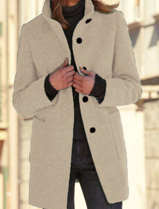 Women's Stand Collar Woolen Coat - Slim Fit Fall and Winter Button Front Trench Coat with Pockets Best YouTube Store