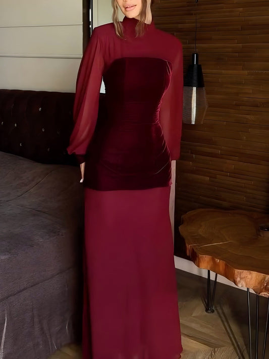 Burgundy Velvet Waist Long-sleeved Maxi Dress NorixaFashion.com