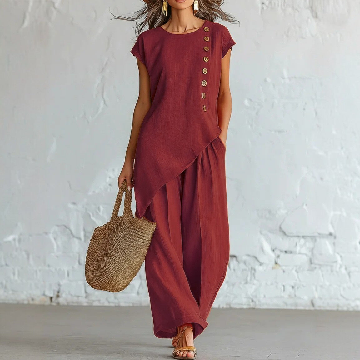 Womens Solid-Color Crew-Neck Buttoned Short-Sleeve Wide-Leg Pants Set NorixaFashion.com