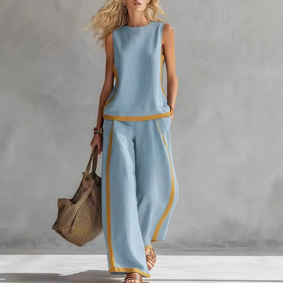 Summer Suits Round-neck Sleeveless Vest Top And High-waist Wide-leg Pants Casual Loose Set NorixaFashion.com