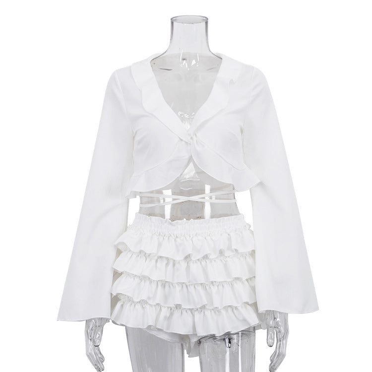 Crop Top With Tie-up Top & High-waisted Tiered Skirt Set NorixaFashion.com