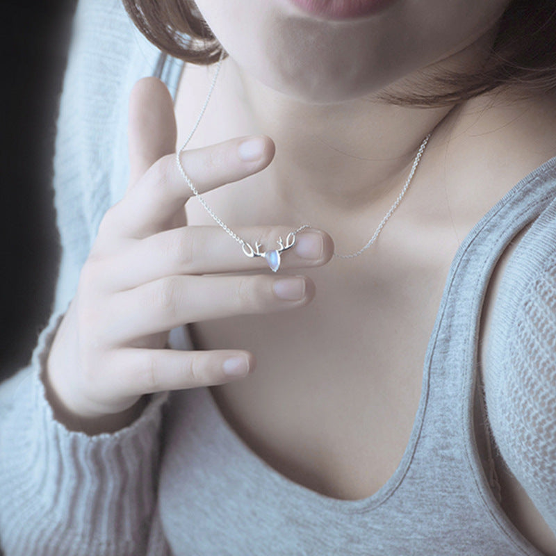 S925 Elk Necklace Forest Moonstone Pendant Clavicle Chain LadyShow.Store