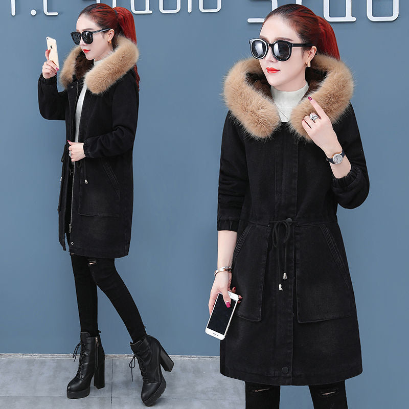 Plus Size Velvet Thick Mid-Length Denim Jacket for Women Pi-Mart