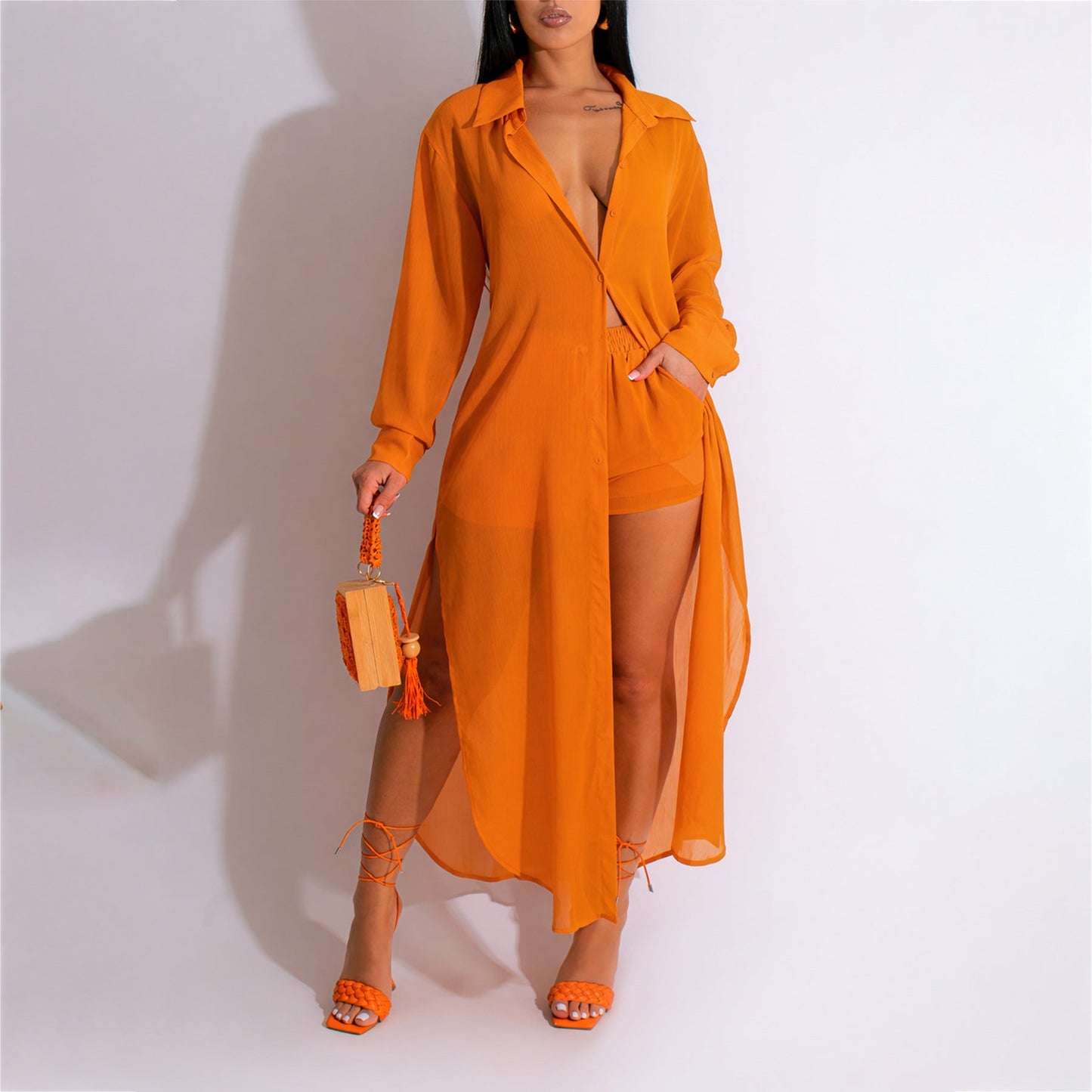 Sheer Long-sleeve Cardigan Buttoned Side-split Blouse And Shorts Set NorixaFashion.com