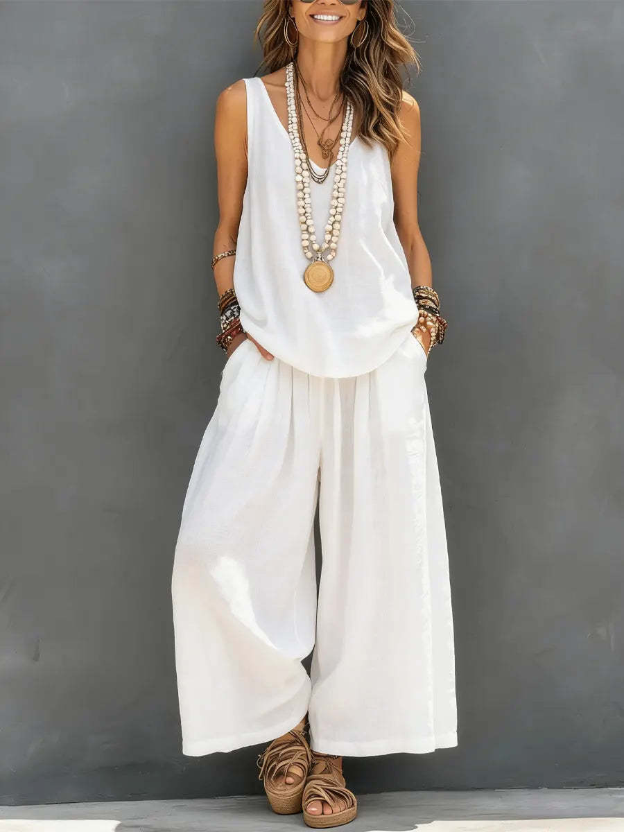 Womens Solid-Colored Casual Sleeveless Tank Top And Wide-Leg Pants Cotton-Linen Set LadyShow.Store