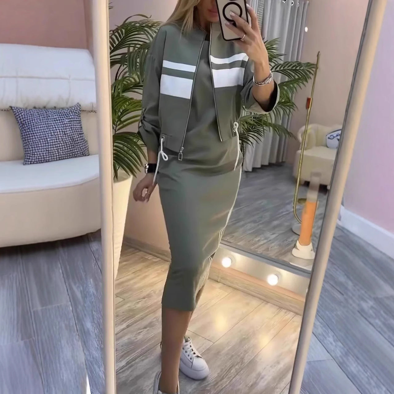 Casual Zipper White Stripe Edge Jacket Coat Dress Women's Suit LuxuryLifeWay Online Store