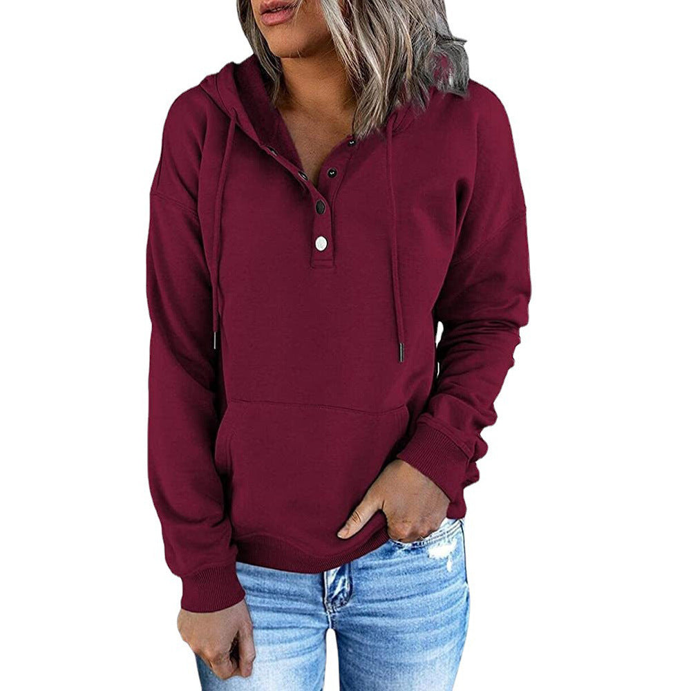 Long-sleeved Hooded Sweatshirt With Pockets Fashion Casual Button Drawstring Design Hoodie Top Spring And Autumn Sports Clothing For Women LadyShow.Store