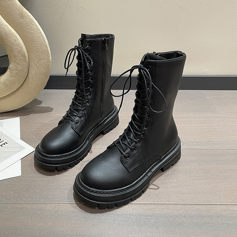 Autumn And Winter New Round Head Lace-up British Style Thick Bottom Mid-calf Martin Boots Women LadyShow.Store