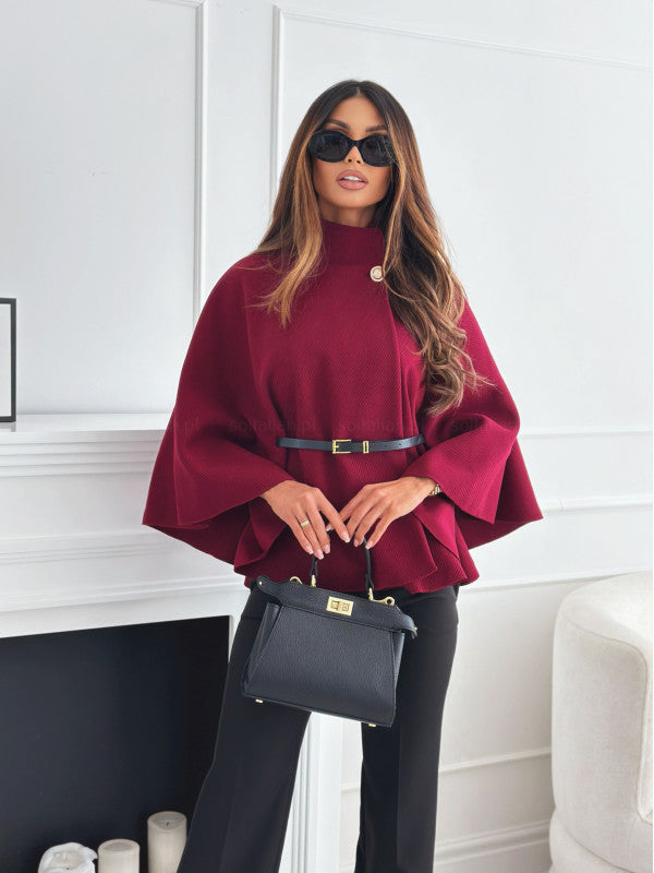 New Stand Collar Batwing Sleeves Cloak Top With Belt Ins Fashion Temperament Jacket Woolen Sweater Outwear For Women Clothing LadyShow.Store