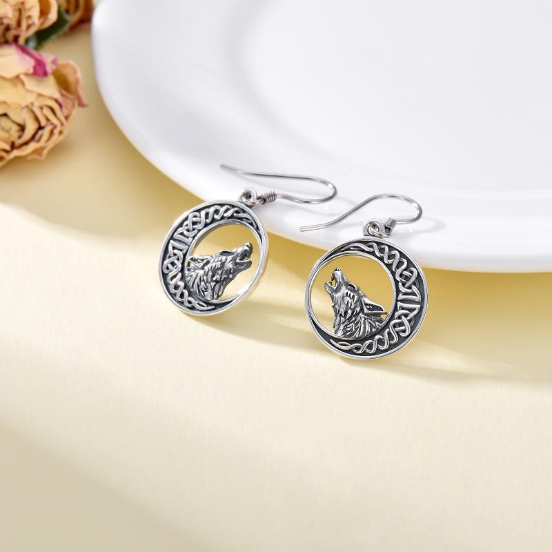 Wolf Celtic Moon Dangle Drop Earrings in Sterling Silver LadyShow.Store