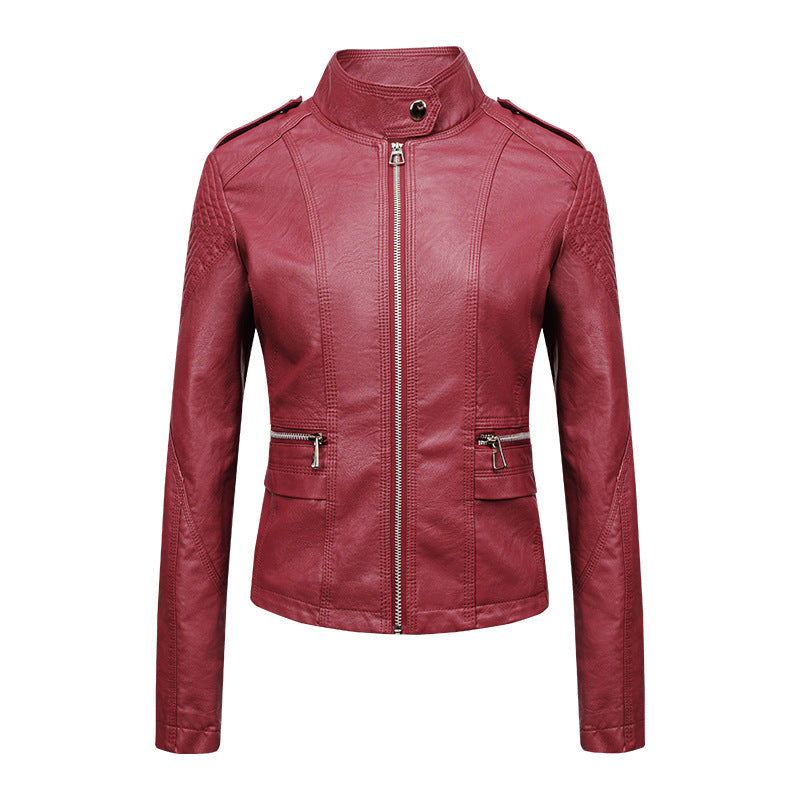 Women's Leather Jacket Women's Slim-fit Leather Jacket Women's Motorcycle Clothing PU Leather Women's Jacket Short Women's Leather Jacket Three-line Craft LadyShow.Store