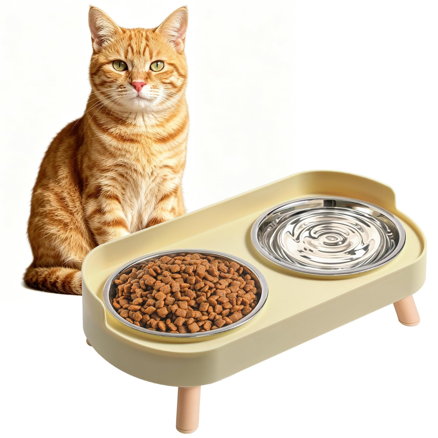 Elevated Cat Bowls Set - Raised Cat Food And Water Bowl Set With Non Slip Stand - Pet Feeding Station With 2 Stainless Steel Bowls Pets Fashion