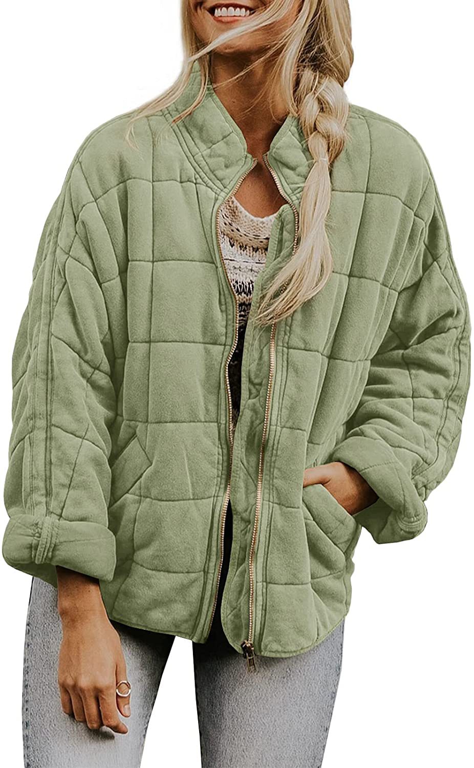 Winter Zip-up Stand Collar Coat With Pockets Fashion Solid Color Plaid Long Sleeved Jacket Women's Clothing LadyShow.Store