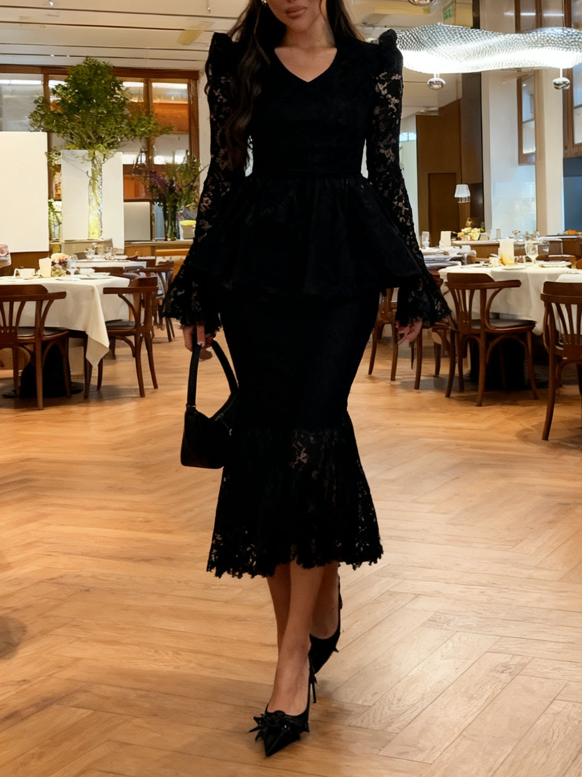 Glamorous Black Lace Peplum Top & Midi Skirt Set NorixaFashion.com