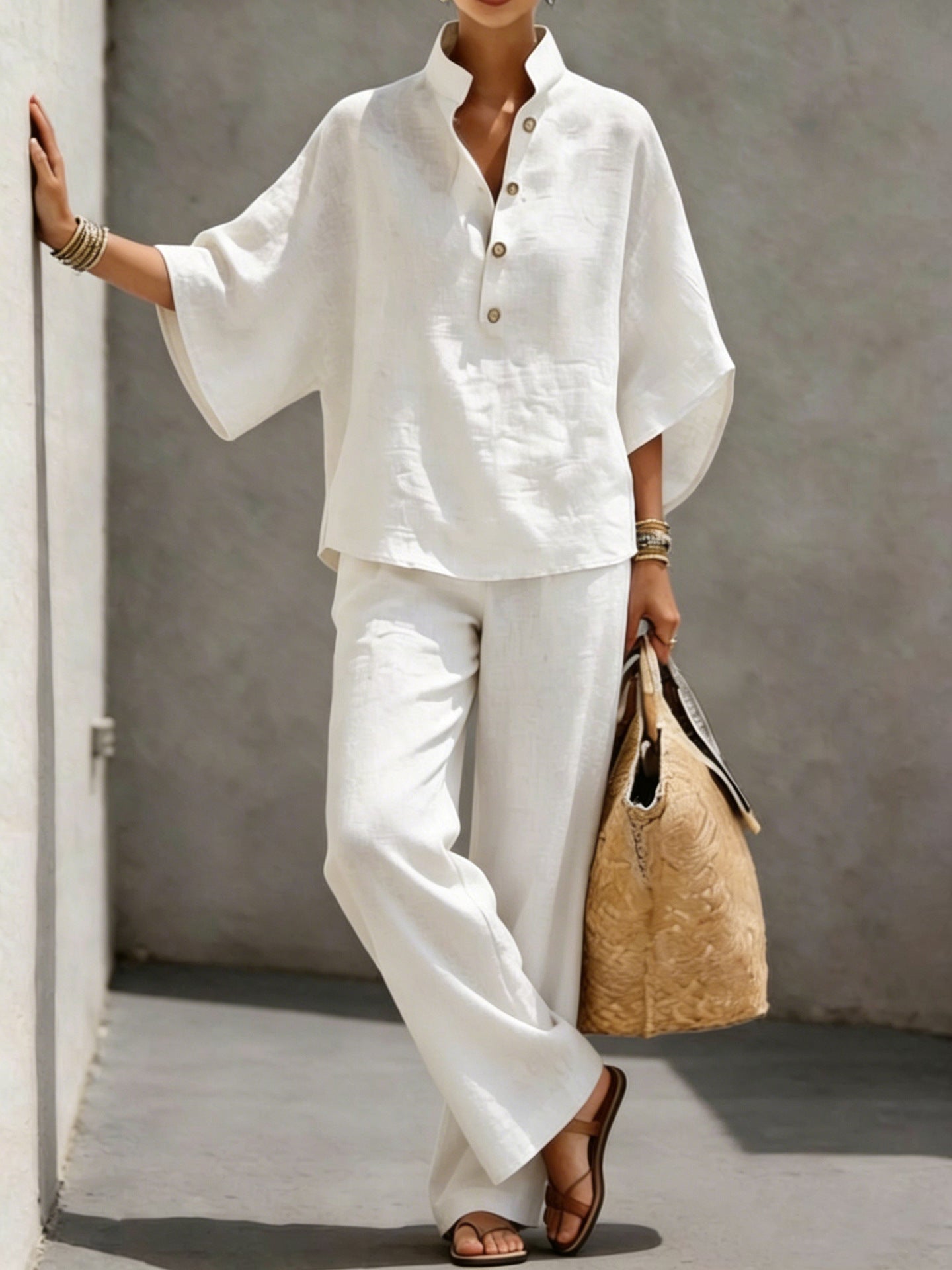 Women's Short-sleeved Suit Summer Loose Pullover Top And Straight-leg Trousers Outfit Clothing NorixaFashion.com