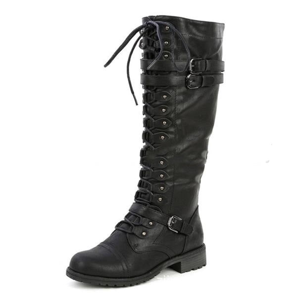 Round Toe Mid Heel Lace-up Side Zip Over-the-knee Boots LadyShow.Store