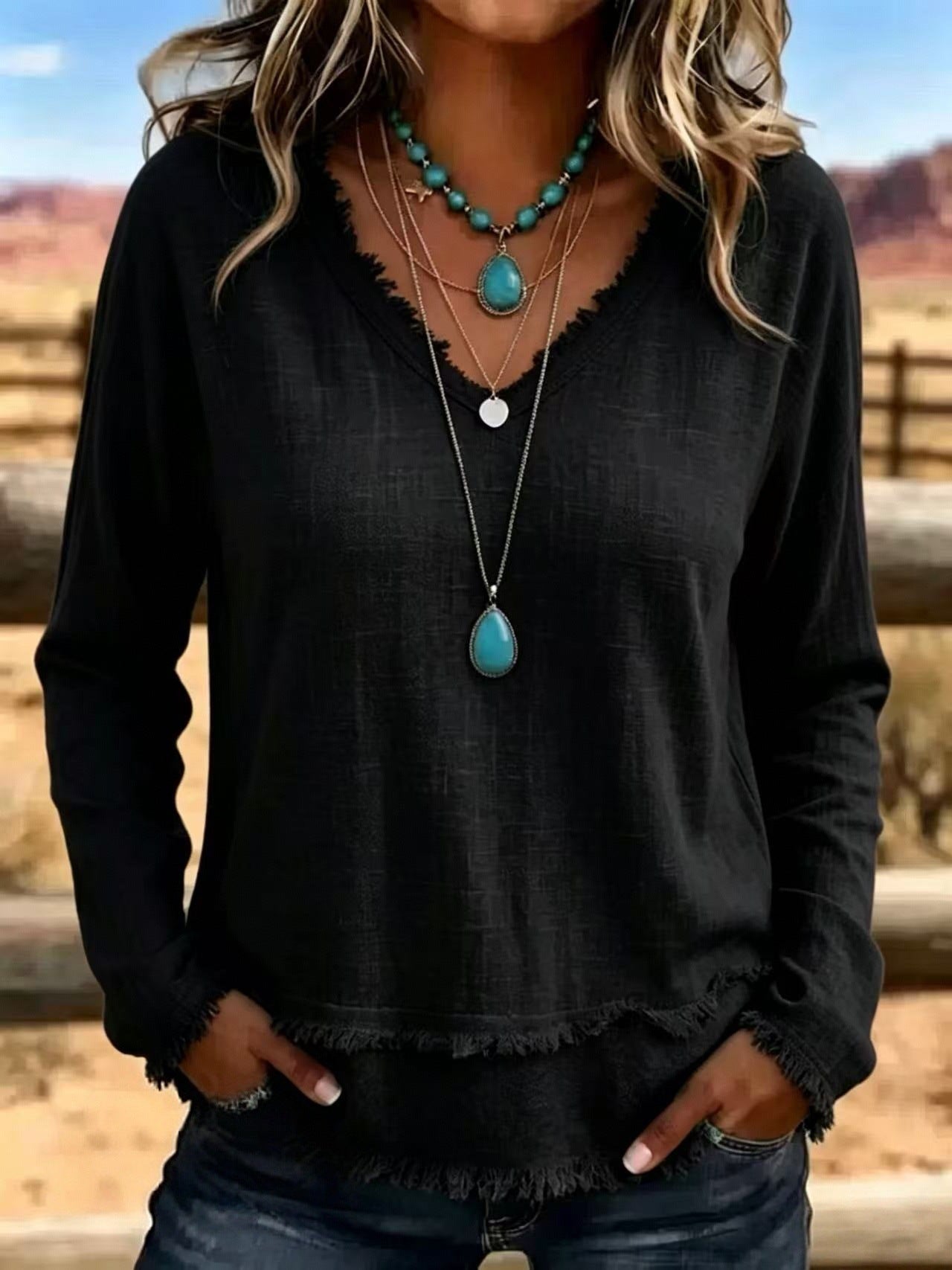 V-Neck Long Sleeve T-Shirt With Tassel Women's Loose Fit Casual Top For Daily Wear Clothing NorixaFashion.com