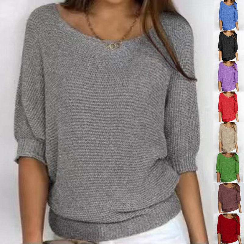 Three-quarter Sleeve Pullover Sweater Fashion Solid Color Loose Round Neck Knitted Top For Women Clothing NorixaFashion.com