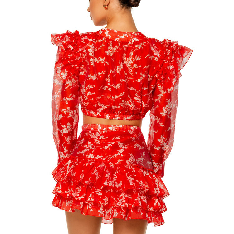 Round Neck Long-sleeved Cropped Top And Printed Skirt Two-piece Set NorixaFashion.com