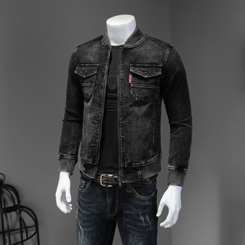 Retro Slim Fit Denim Jacket with Corduroy Collar Pi-Mart