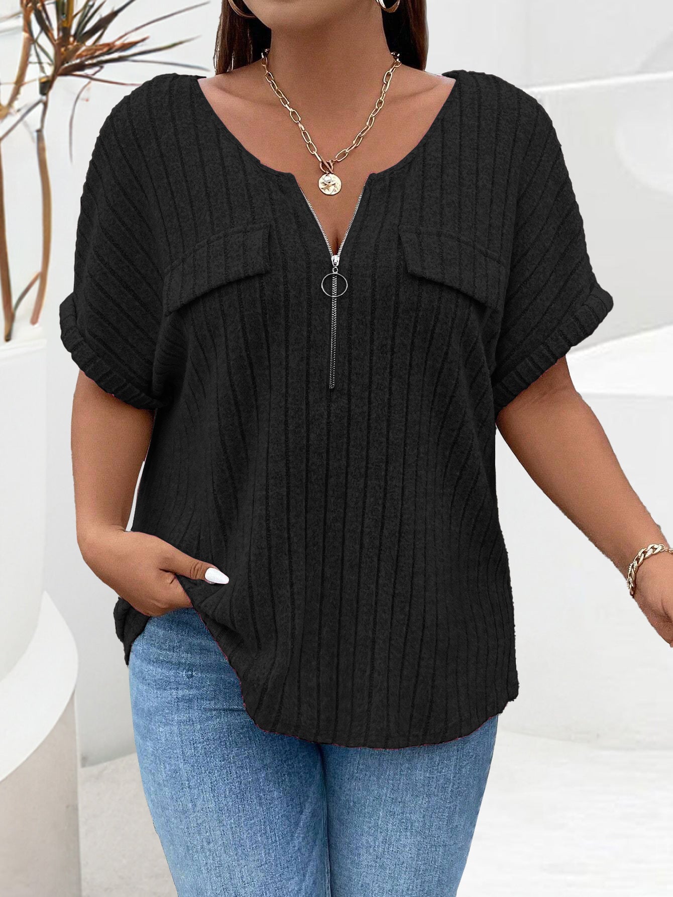 Solid-color Plus-size Top With Zipper Short Sleeves And Faux Pockets NorixaFashion.com
