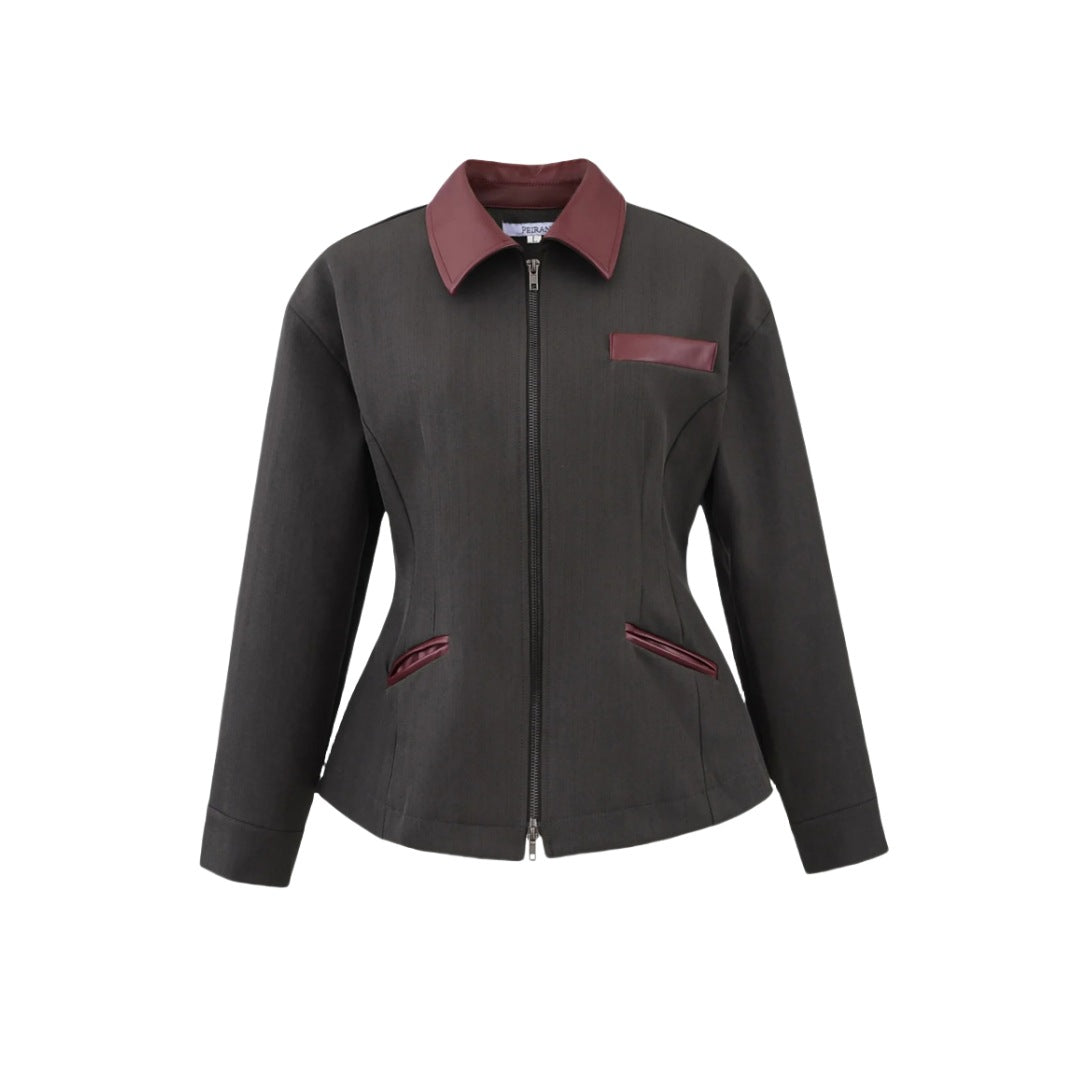Retro Lapels Contrast Color Waist-tight Motorcycle Slim-fit Leather Coat Zipper Jacket LadyShow.Store