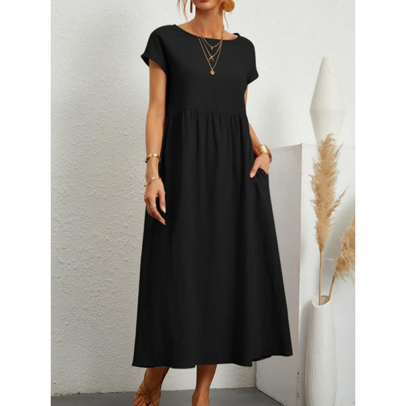 2026 New European And American Women's Round Neck Solid Color Pullover Comfortable Casual Dress NorixaFashion.com