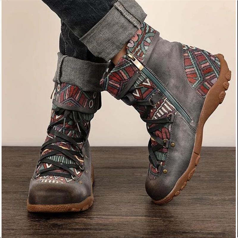 Ethnic Style Large Size Short Boots Women's Fashion Retro Side Zipper Round Head Autumn And Winter Fashion Nude Boots LadyShow.Store