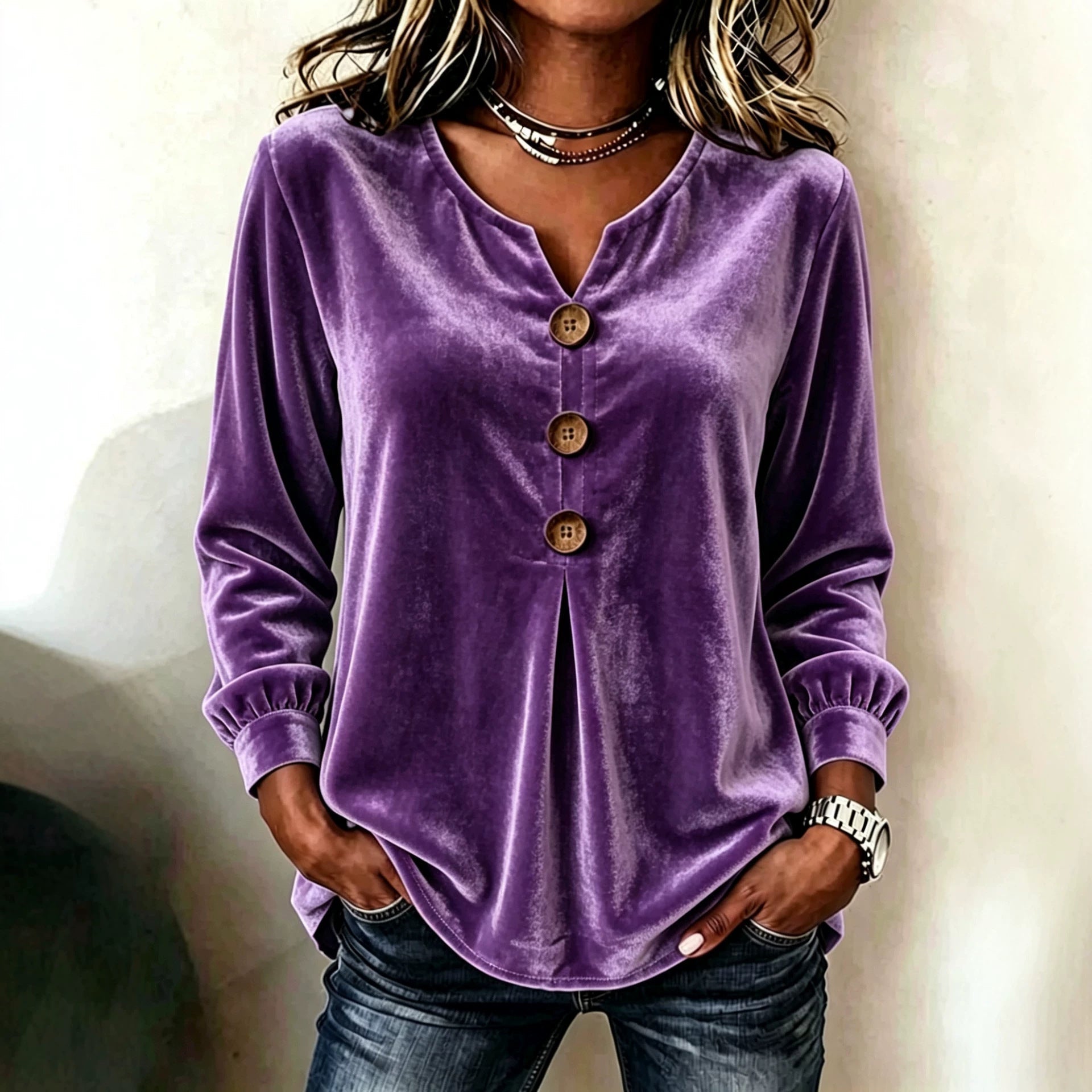 Elegant V-neck Buttoned Long-sleeve Velvet Blouse For Women NorixaFashion.com