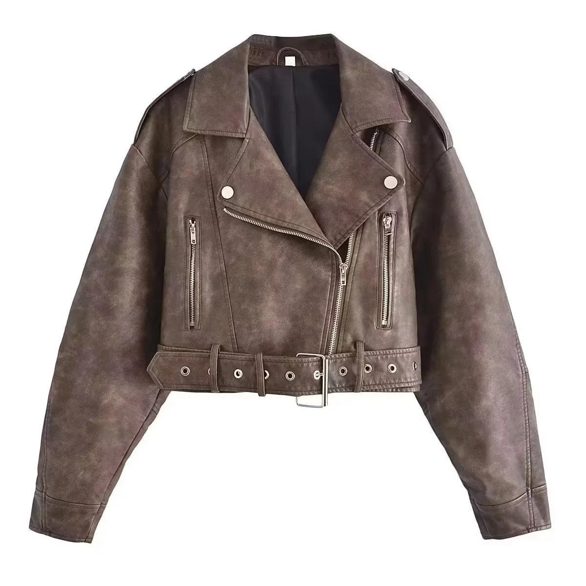 Washed Leather Motorcycle Jacket Women