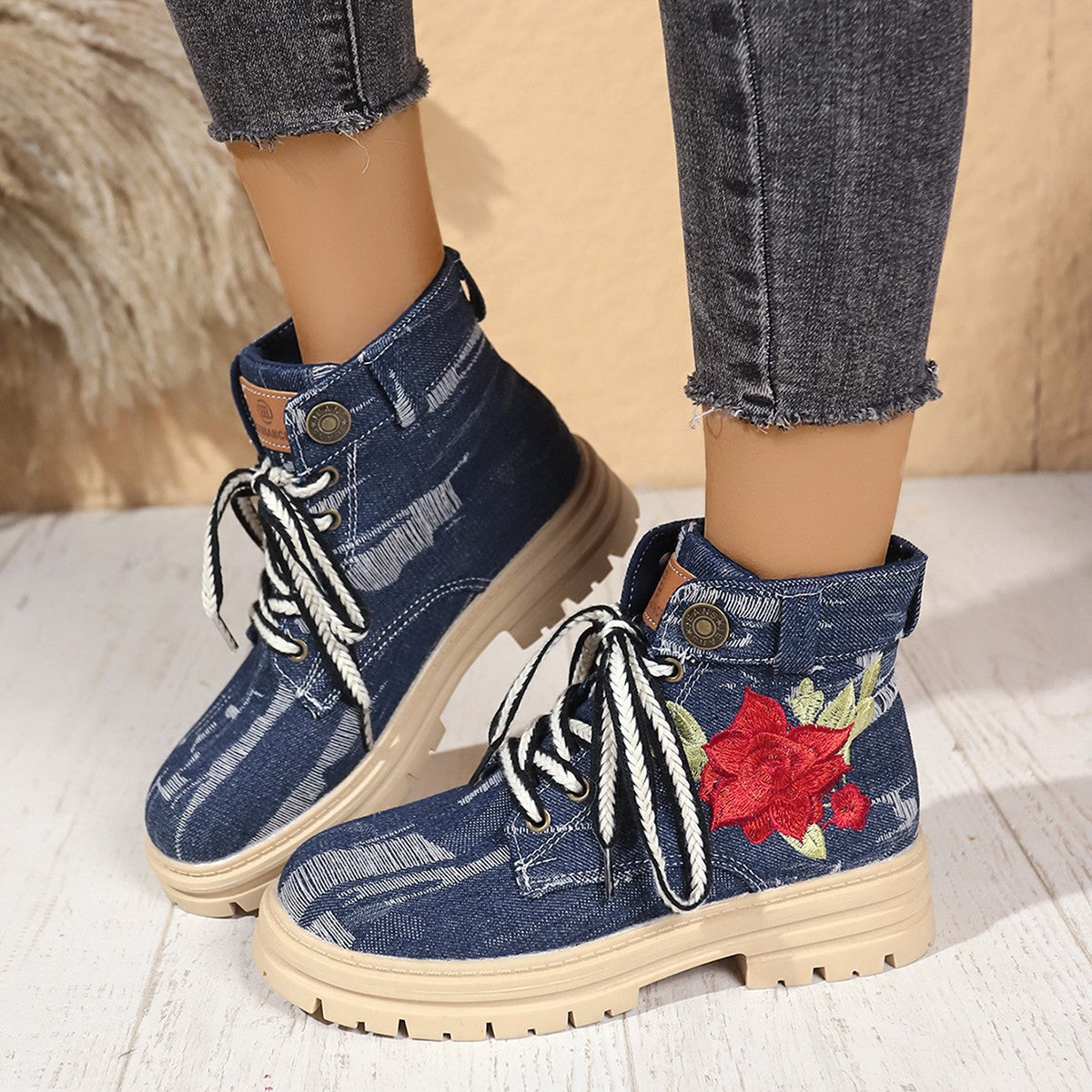 Lace-up Canvas Boots Fashion Rose Embroidered Shoes Round Toe Thick Heel Short Boot Women LadyShow.Store