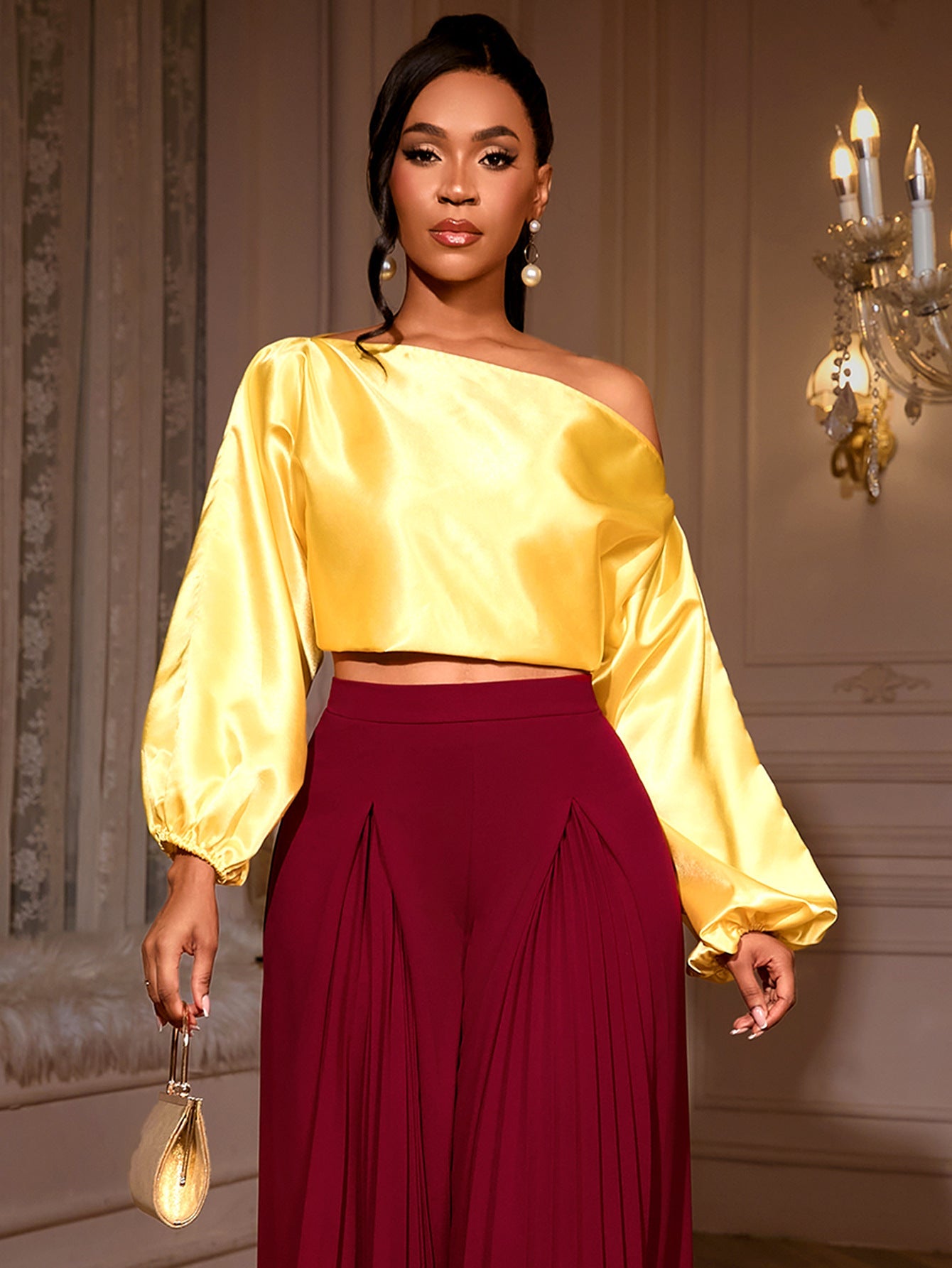 One Shoulder Balloon Puff Sleeve Cropped Blouse NorixaFashion.com