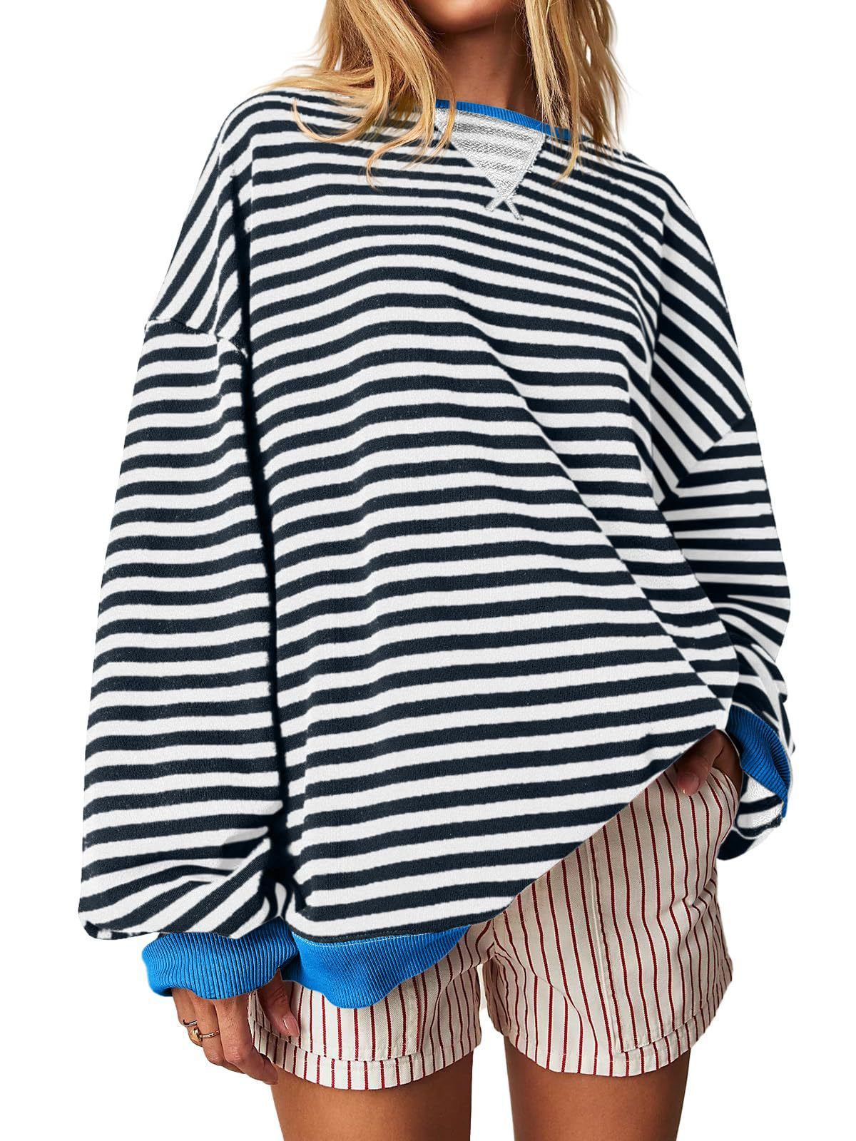 Women's Striped Embroidered Stitching Color-inserted Pullover Sweater CJD