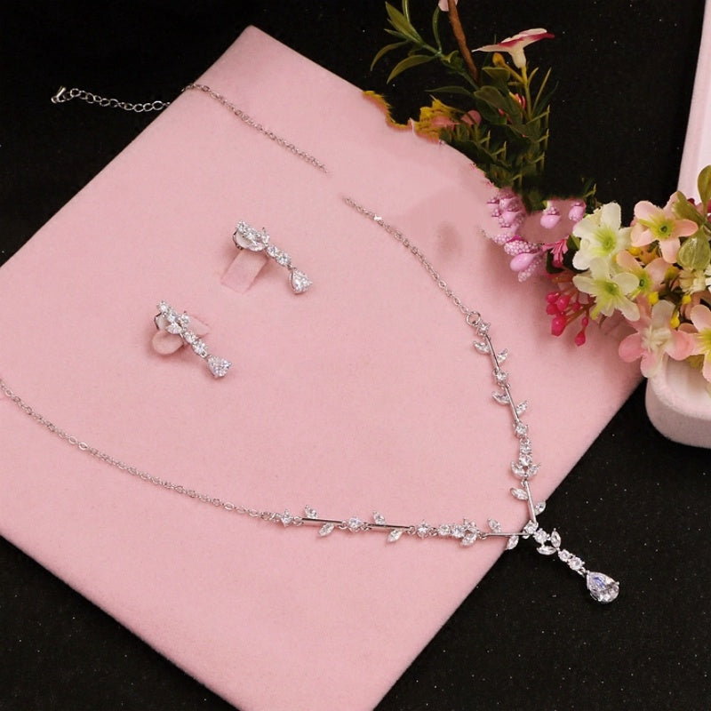 Simple Bridal Zircon Wedding Handmade Ornament Necklace And Earrings Suite LadyShow.Store