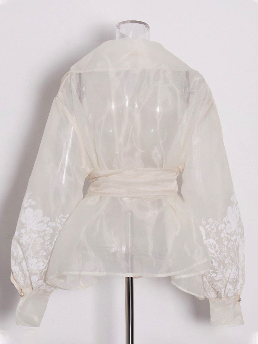 Floral Embroidery Wrap Belted Bishop Sleeve Blouse NorixaFashion.com