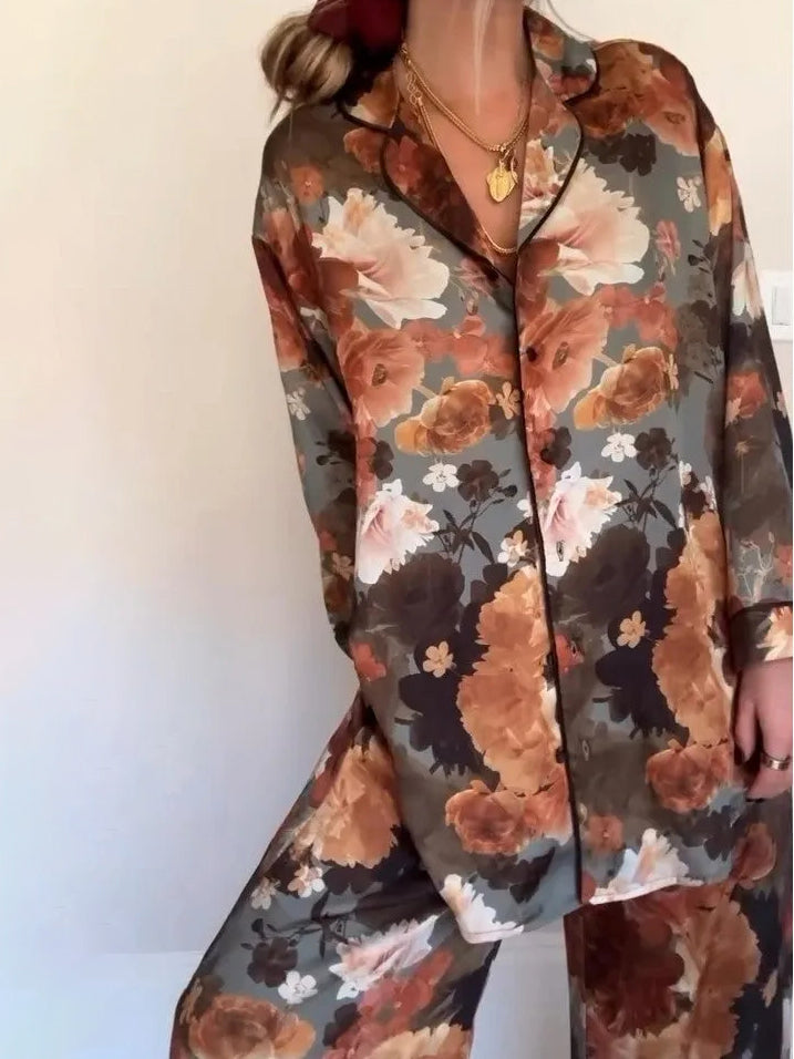 Vintage Floral Print Satin Pajama Set NorixaFashion.com