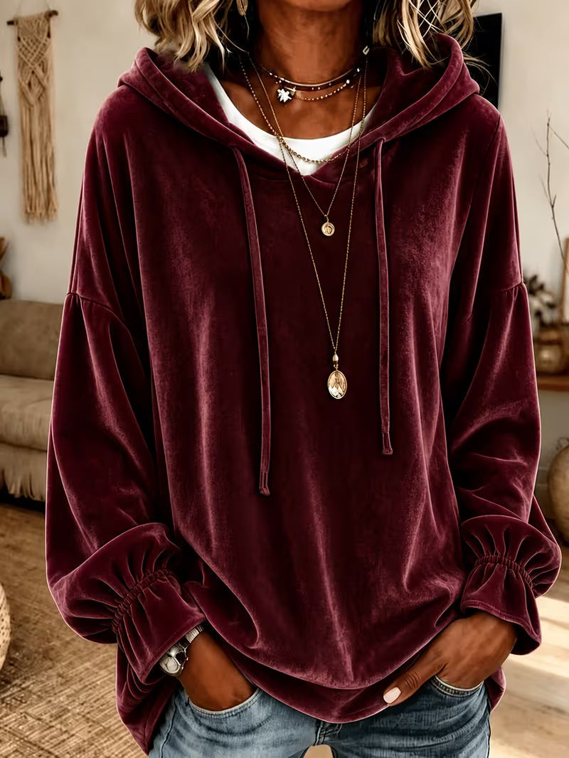 Annuo 2026 European American Women Fall Winter Loose Drawstring Velvet Hooded Sweatshirt NorixaFashion.com