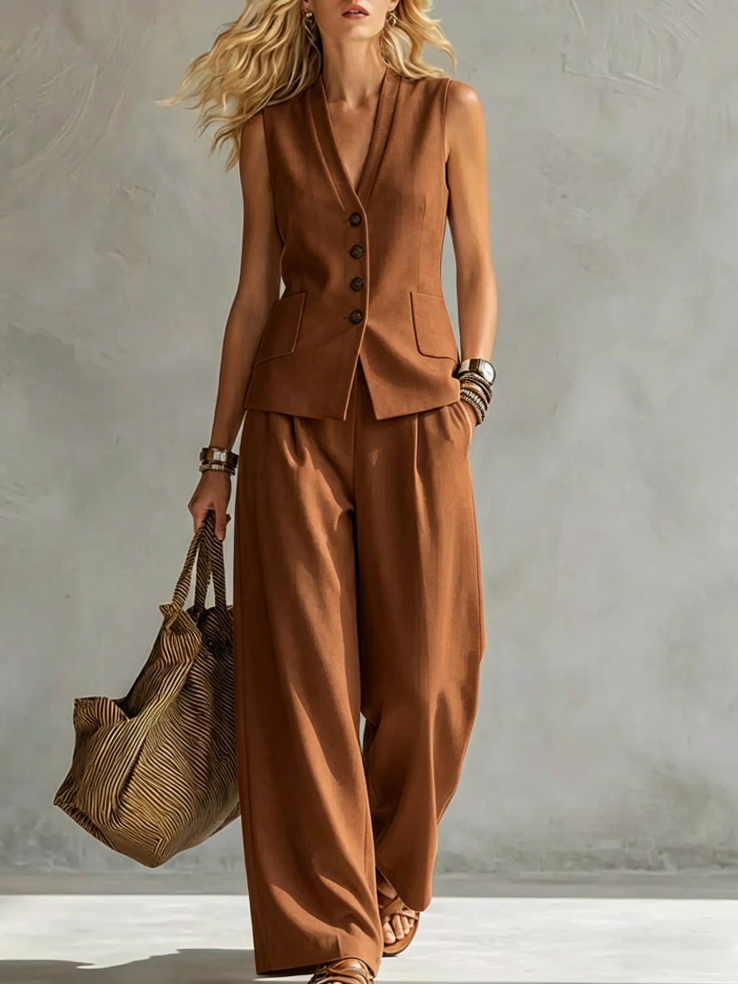 Two-piece V-Neck Sleeveless Vest And Wide Leg Pants For Women Summer Solid-Colored Sleeveless Casual Linen Tank Top And Pants Set NorixaFashion.com