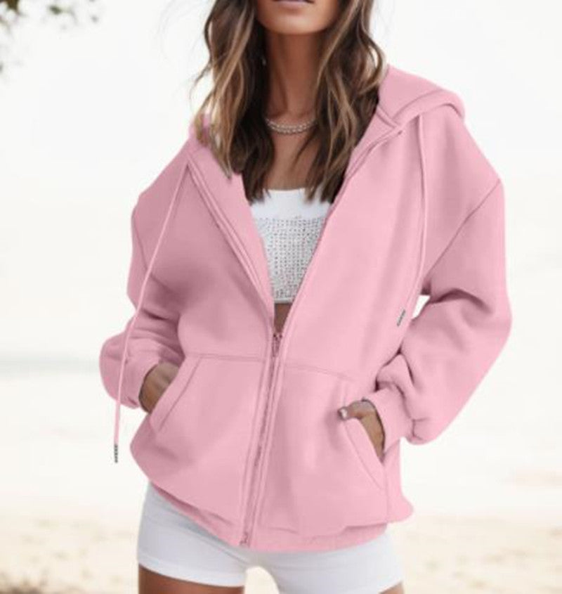 Women's Fashion Casual Solid Color Drawstring Zipper Hooded Sweatshirt LadyShow.Store